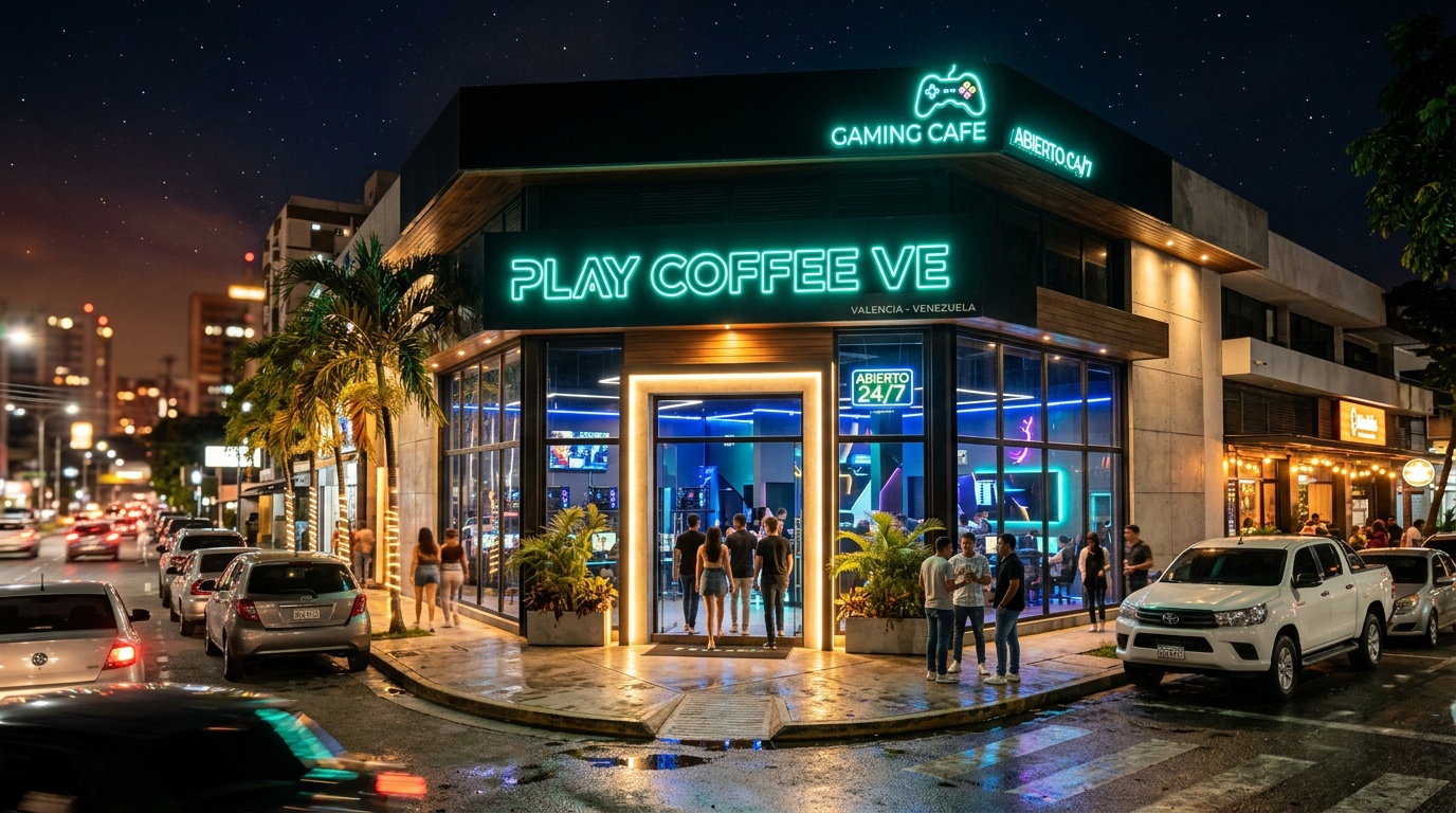 Fachada nocturna Play Coffee VE Valencia
